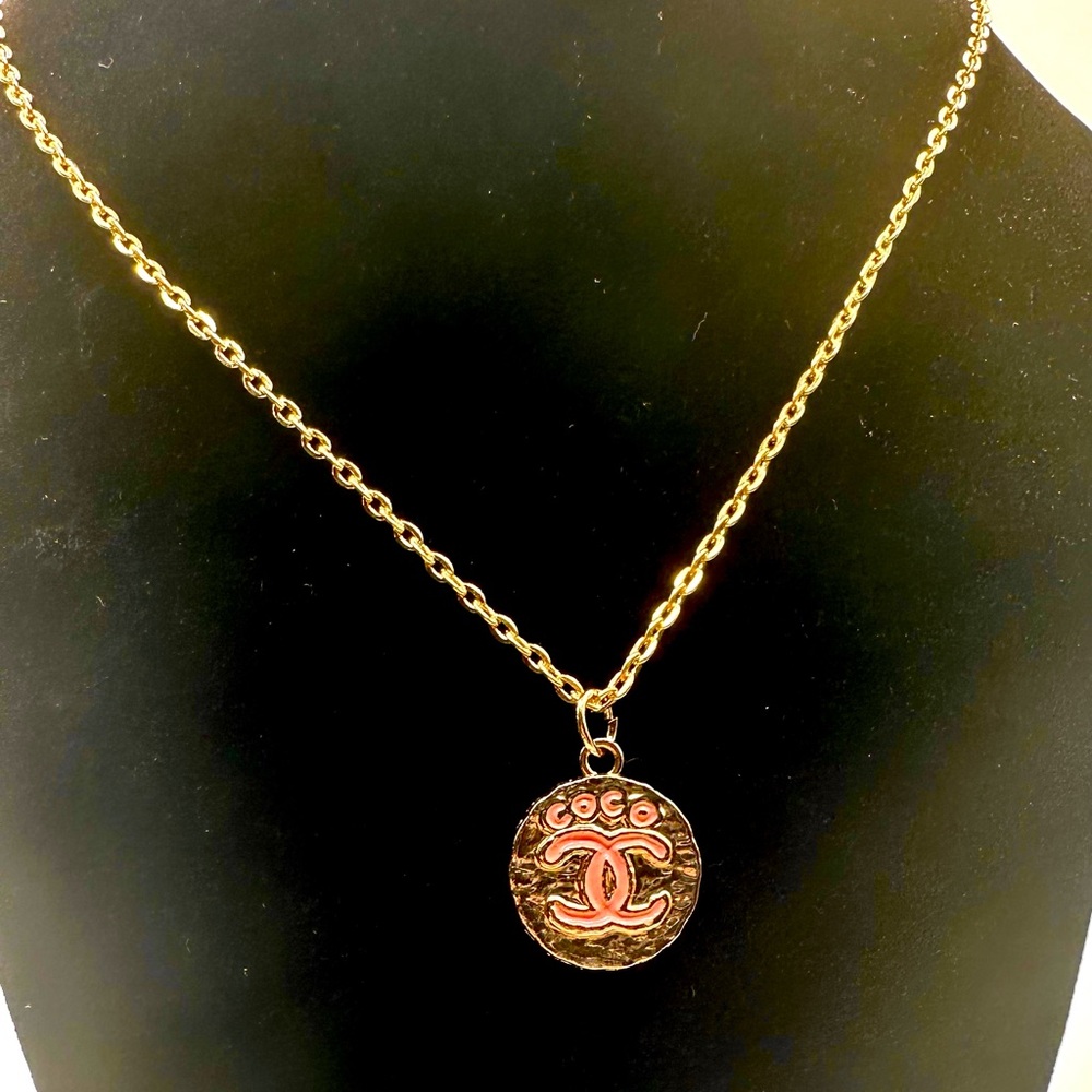 CC Gold and Pink Pendant with Gold Plated Necklace & Lobster Claw.